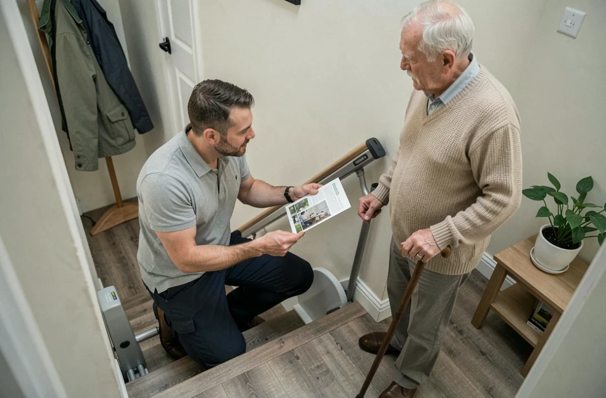 Conseiller montrant les détails d'un monte-escalier sans installation lourde à un homme âgé dans le couloir de son domicile