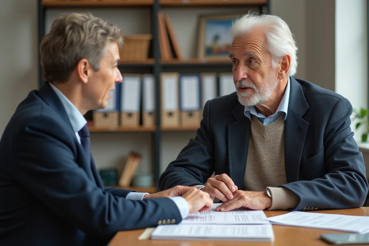 Conseiller social discutant avec un senior dans un bureau