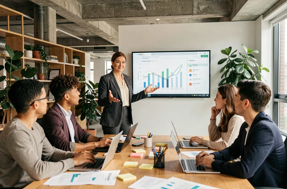 Consultante senior experte animant un atelier de travail collaboratif avec une équipe en entreprise