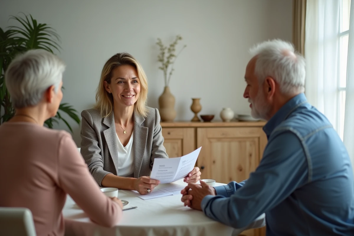 Assistante sociale expliquant les tarifs et aides financières ADMR à un couple de personnes âgées lors d'une consultation à domicile