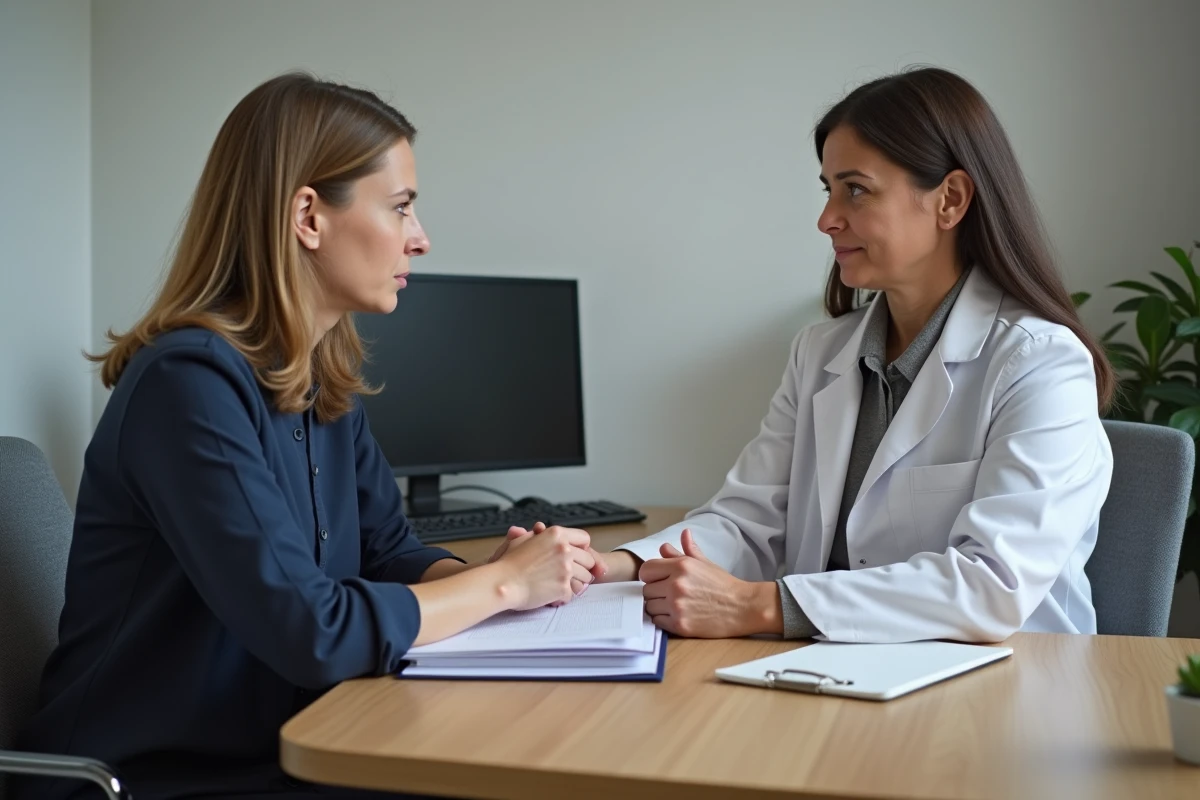 Consultation médicale entre une aidante familiale et un médecin gériatre pour décider de la prise en charge d'un proche atteint de démence