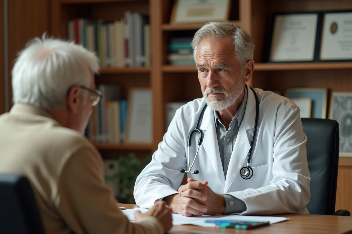 Médecin généraliste en consultation avec un patient âgé fatigué, discussion sur les examens médicaux pour somnolence