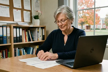 Une contractuelle de l'Éducation nationale âgée d'une soixantaine d'années consulte des documents administratifs sur son bureau dans une école, illustrant la question de l'âge de départ à la retraite pour les personnels contractuels scolaires.