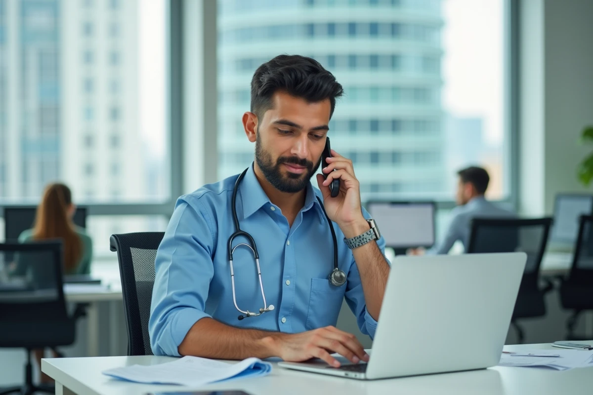 Coordinateur de santé au bureau consulte des données sur un ordinateur portable
