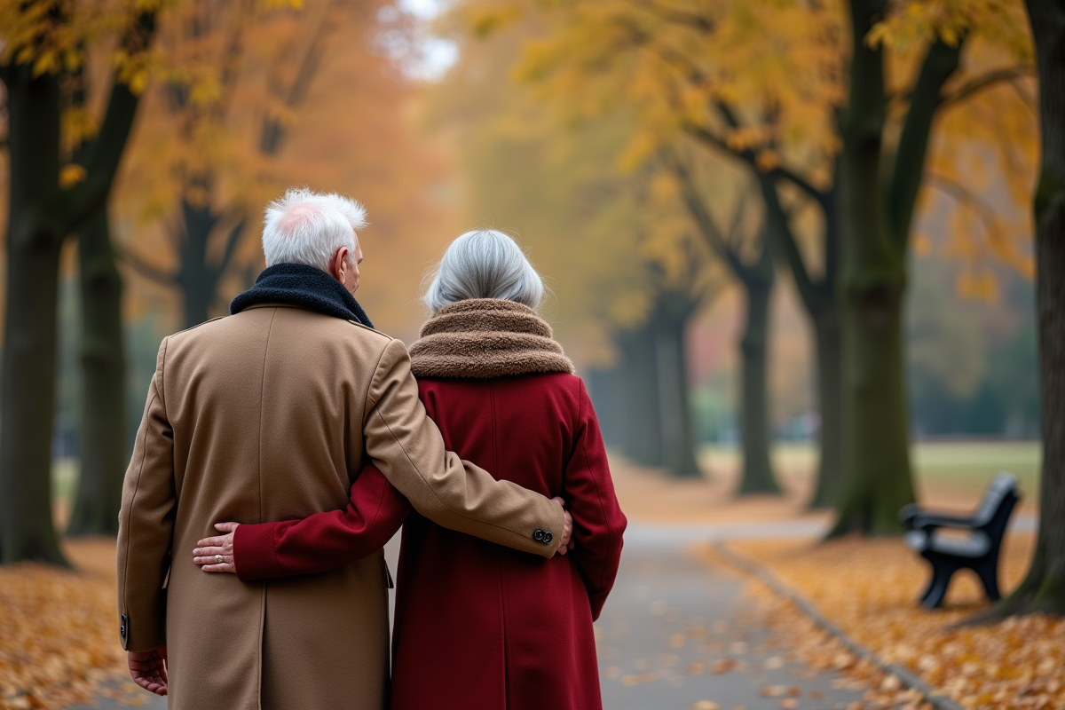 Couple dans un parc automnal en promenade