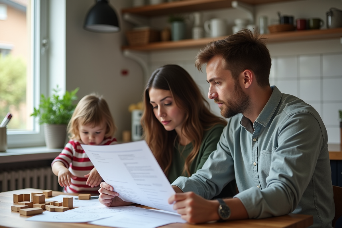 Jeune couple avec leur enfant jouant à la table de cuisine