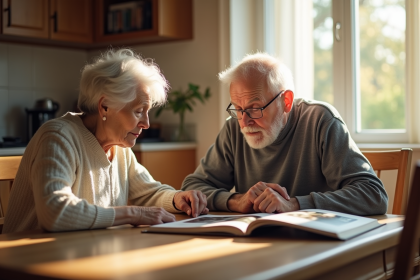 Couple âgé regardant des albums photo dans la cuisine