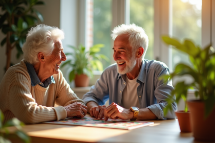 Couple âgé jouant à un jeu de société dans une cuisine lumineuse