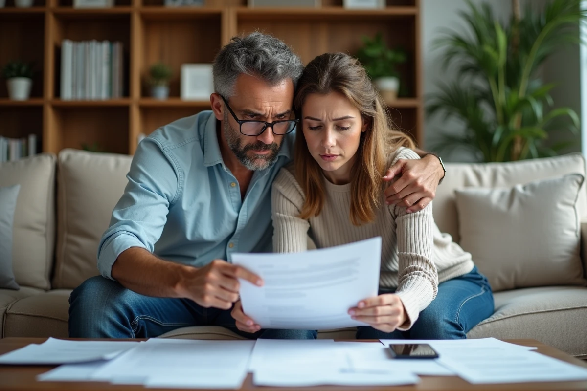 Couple examinant ensemble un dossier de chèque vacances Scolinfo refusé dans leur salon