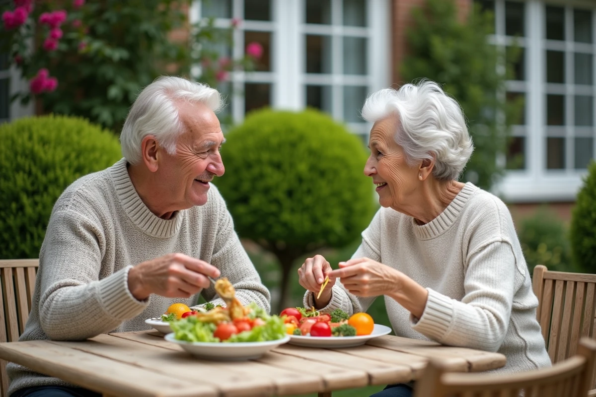 Couple agee partage un repas sain dans un jardin fleuri
