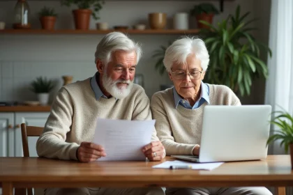 Couple retrait&eacute; dans leur cuisine moderne et chaleureuse