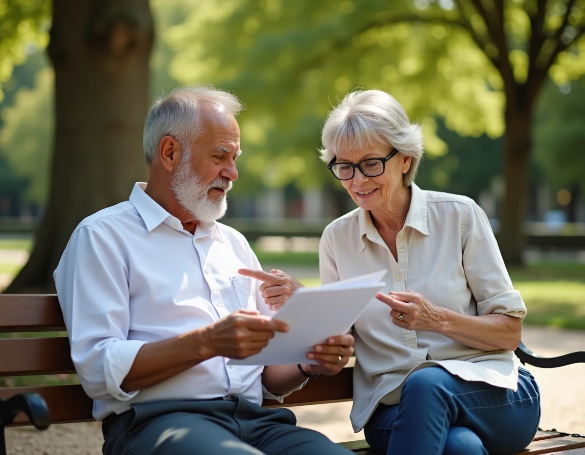 Couple de retrait&eacute;s consultant un guide de planification retraite dans un jardin public fran&ccedil;ais