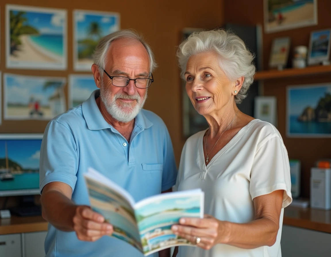 Un couple de retraités aux petits revenus consulte des brochures de vacances grâce au chèque-vacances Agirc Arrco