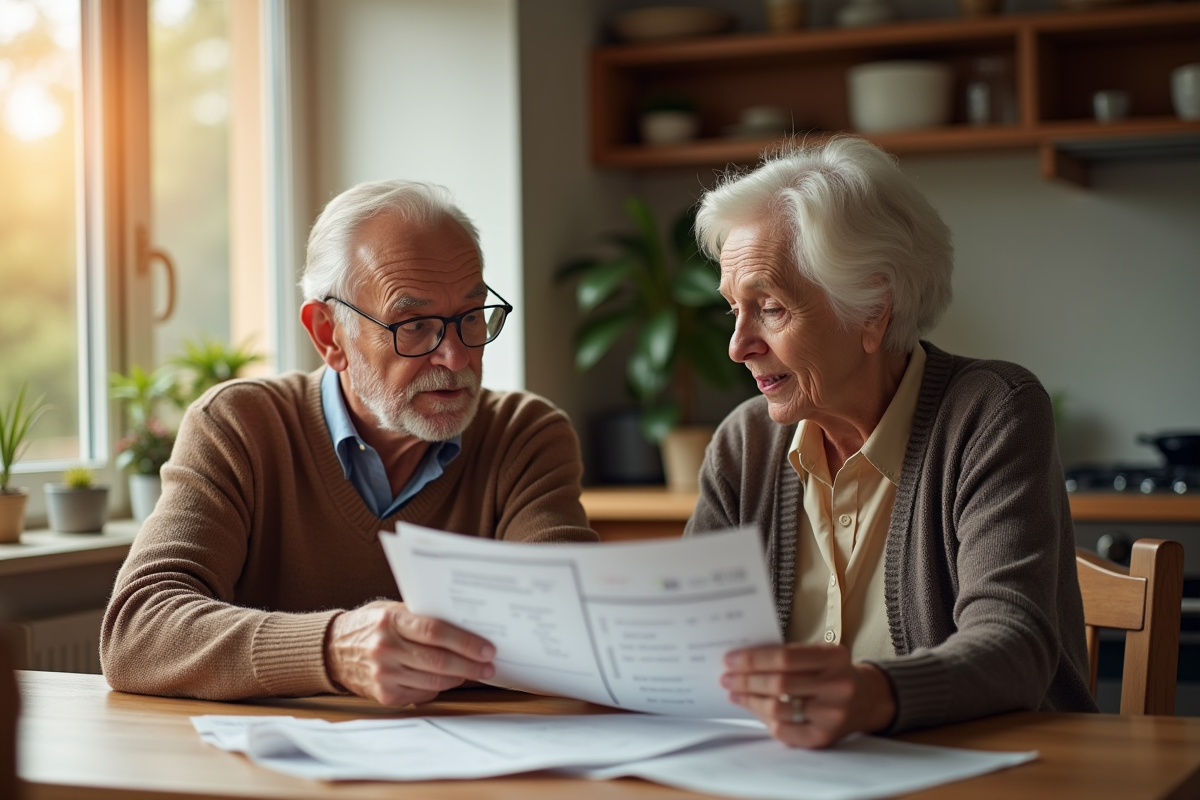 Couple retraité examinant des documents financiers à la maison