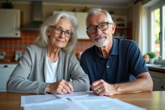 Couple de retraités examinant leurs documents fiscaux à la table de cuisine en 2026