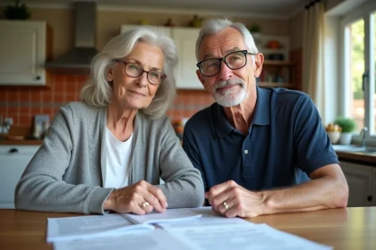 Couple de retraités examinant leurs documents fiscaux à la table de cuisine en 2026