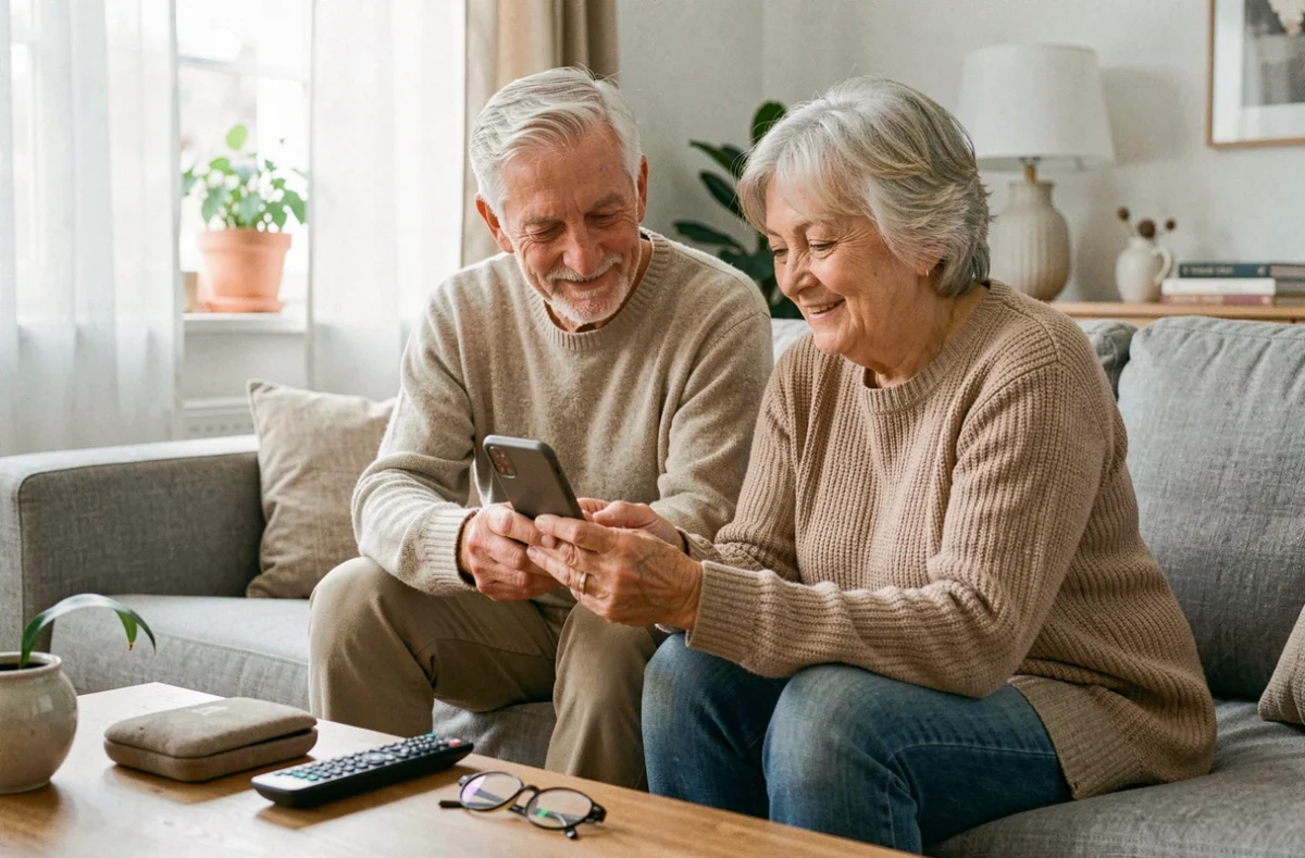 Couple de retraités consultant ensemble Orange Kiosque sur smartphone dans leur salon