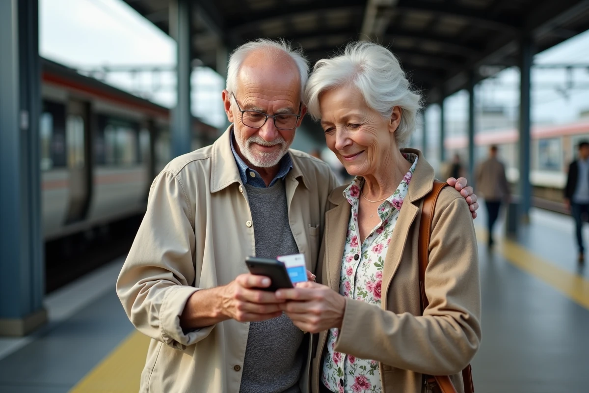 Couple de retraités SNCF vérifiant la validité de leur pass carmillon avant de monter dans le train