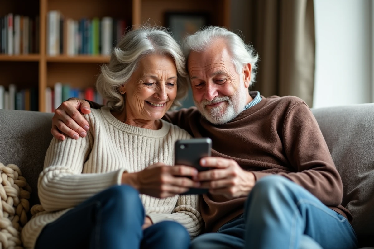 Couple de retraités SNCF consultant ensemble l'Agence Famille sur smartphone dans leur salon