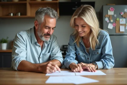 Couple d'adultes r&eacute;visant des documents &agrave; la maison