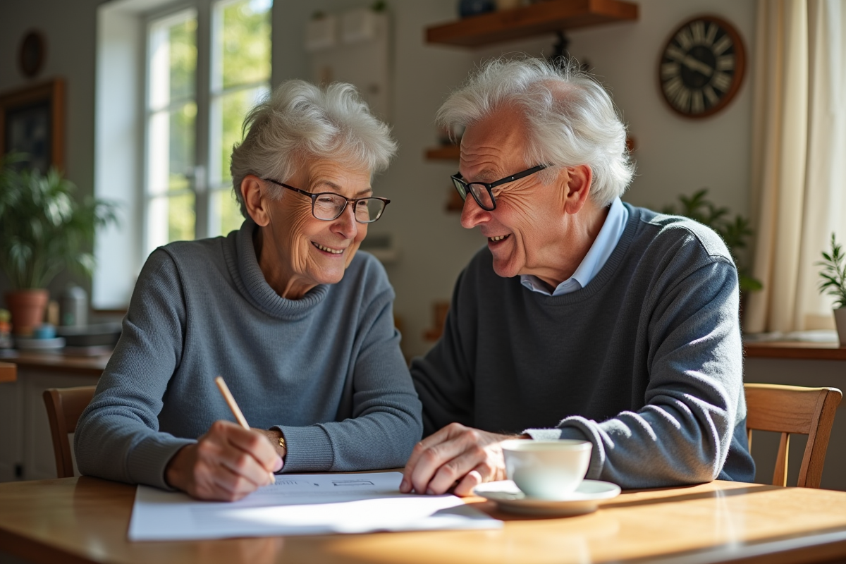 Couple senior souriant lisant des documents à la maison