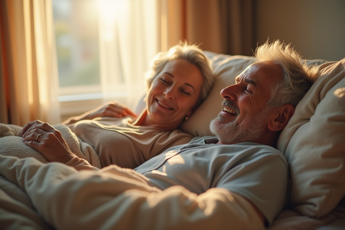 Couple senior souriant dormant paisiblement dans une chambre lumineuse