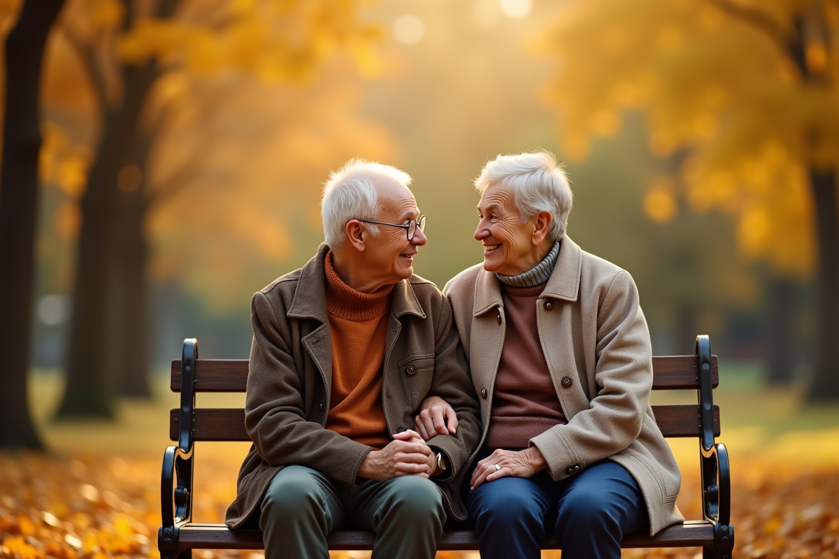 Couple senior assis sur un banc en automne avec feuilles dorées