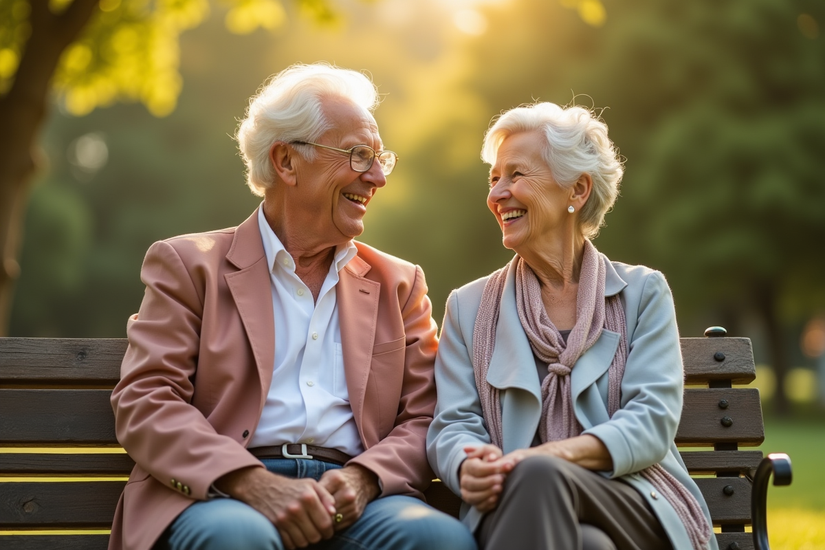 Couple senior souriant sur un banc en plein air