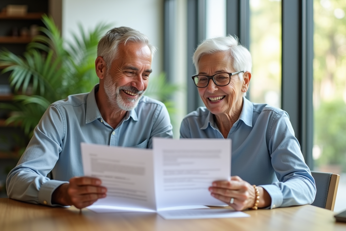 Couple senior souriant revoyant des documents de retraite