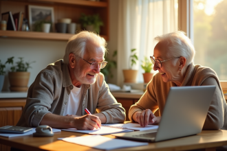 Couple senior discutant de budget dans la cuisine
