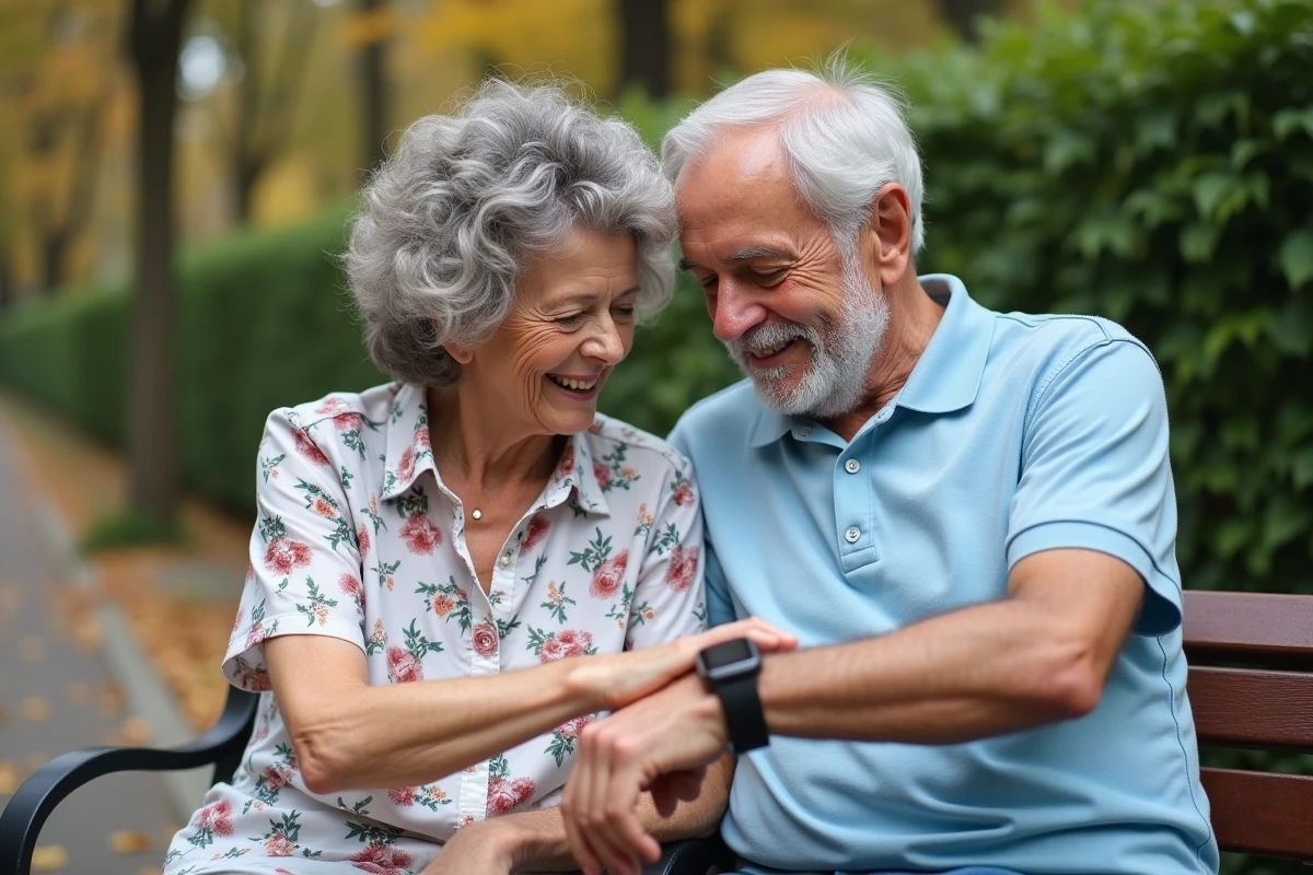 Couple de seniors dans un parc regardant ensemble une montre connectée pour personnes âgées avec un sourire complice