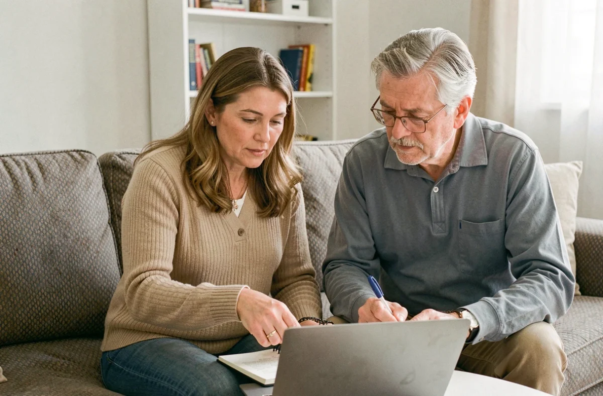 Couple de seniors consultant le site officiel pour comprendre les changements de la pension d'invalidité en 2026