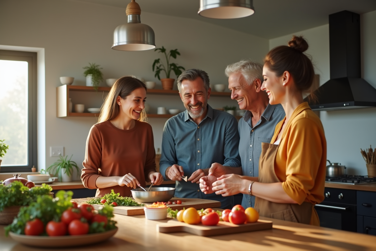 Groupes de couples cuisinant ensemble dans une cuisine lumineuse