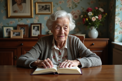 Femme âgée lisant un livre dans un intérieur chaleureux