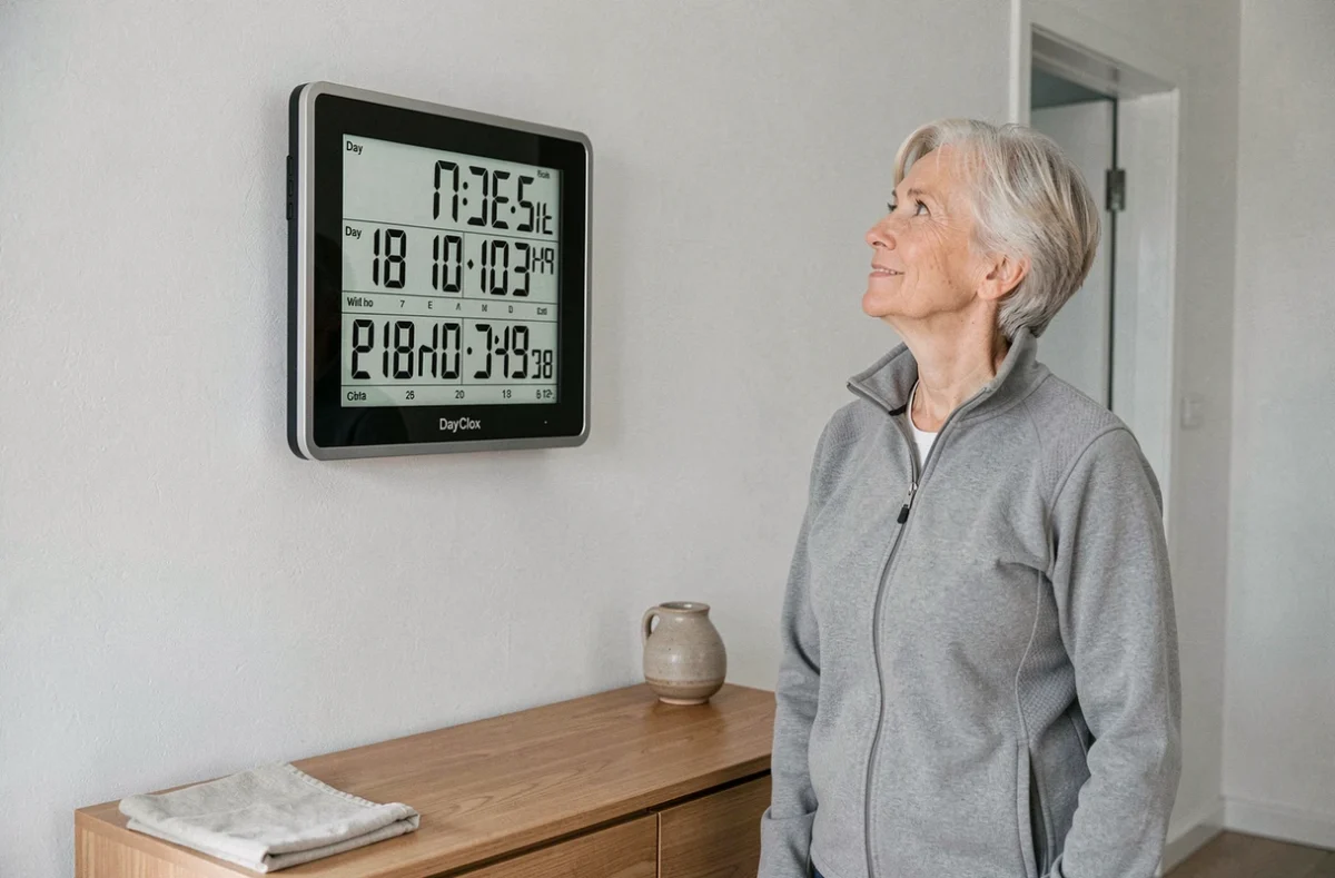 Une femme âgée regarde la DayClox, horloge-calendrier numérique murale sans connexion, affichant jour, date et heure en grands chiffres clairs dans un couloir épuré.