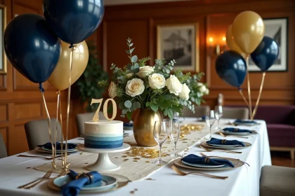 Table décorée pour un anniversaire 70 ans homme avec ballons bleu marine et or, roses blanches et gâteau élégant