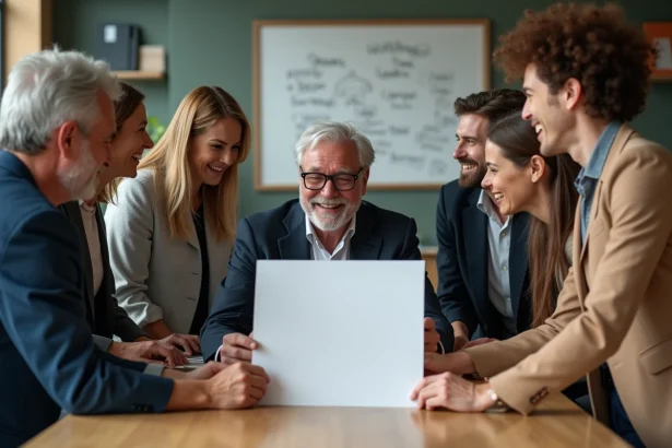 Équipe de collègues souriants offrant une carte de départ