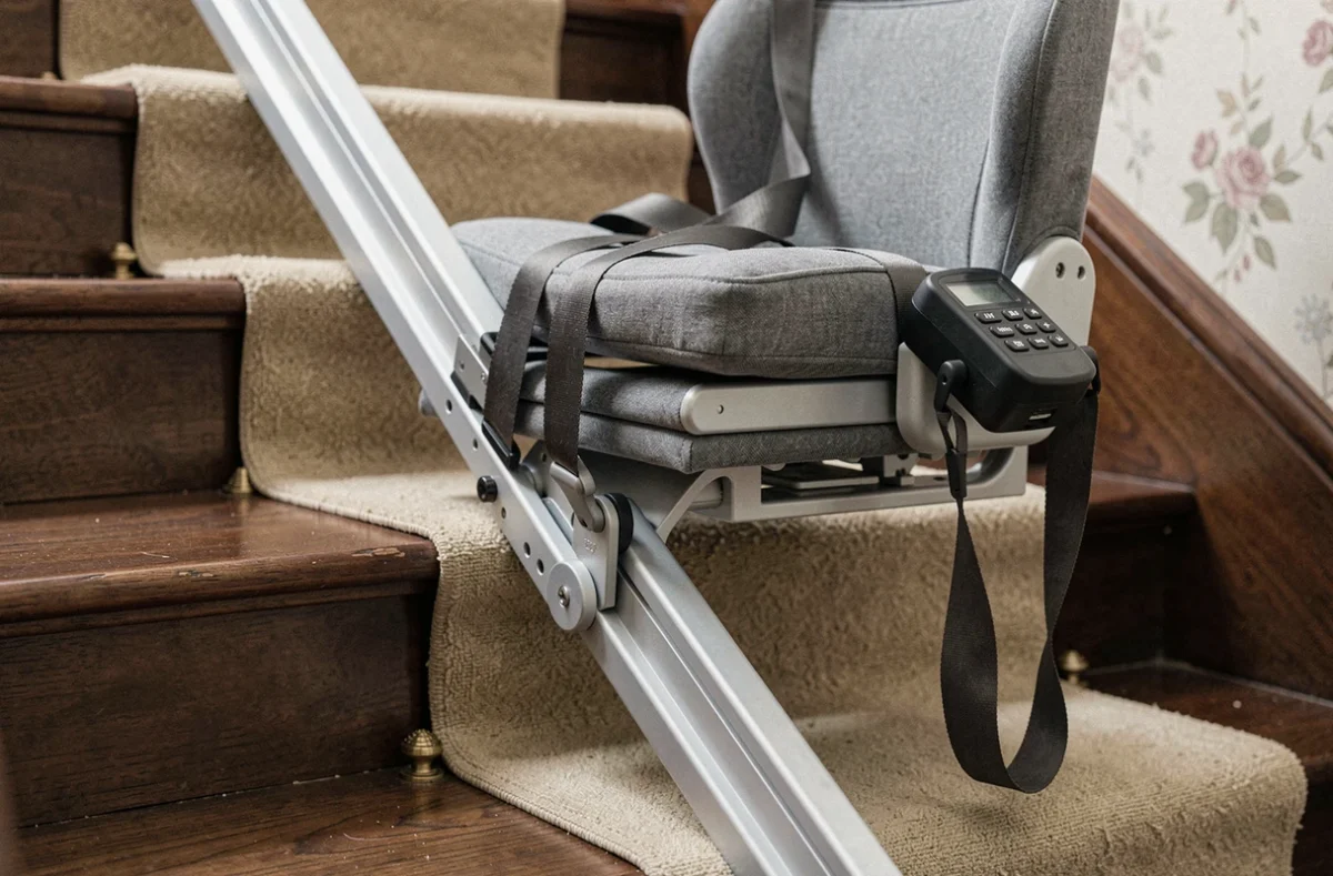 Détail du siège et du rail d'un monte-escalier portable posé sur un escalier en bois avec moquette, montrant le joystick de commande et la ceinture de sécurité