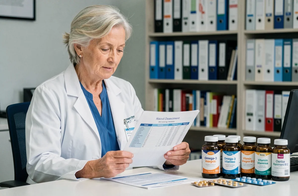 Diététicienne gériatrique en consultation examinant un bilan nutritionnel avec des compléments alimentaires sur le bureau