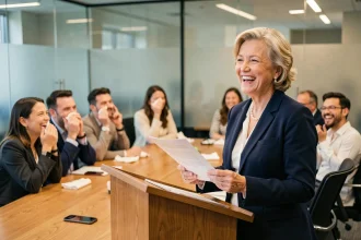 Femme faisant un discours de départ à la retraite avec humour devant ses collègues en salle de réunion