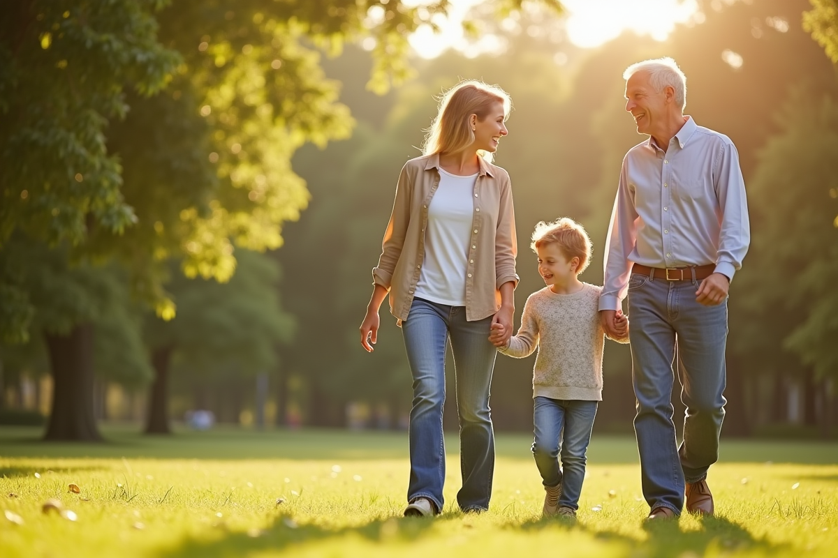 Parents et adolescent discutant dans un parc ensoleille