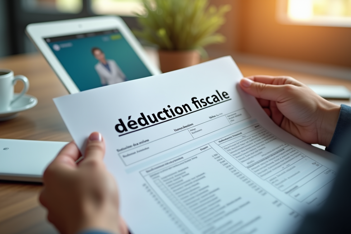 Main tenant un document fiscal avec une tablette en arrière-plan