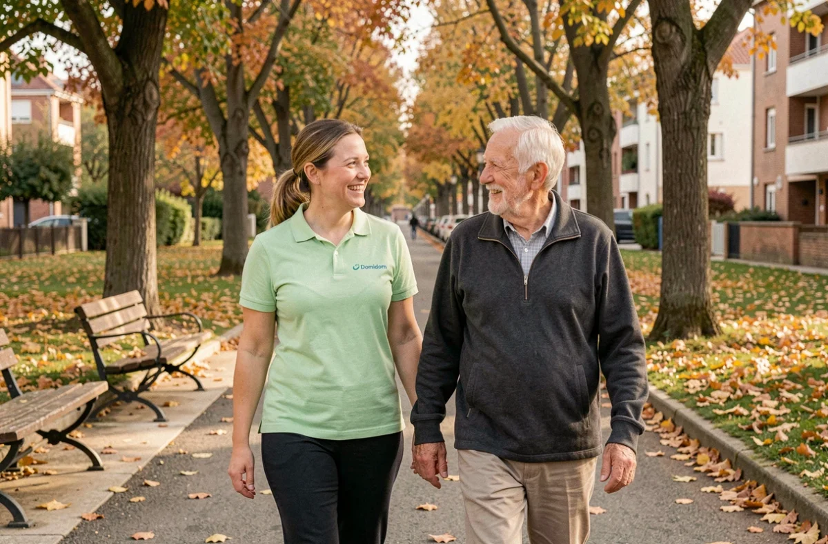 Une intervenante Domidom accompagne un senior lors d'une promenade dans un parc urbain de Seine-Saint-Denis