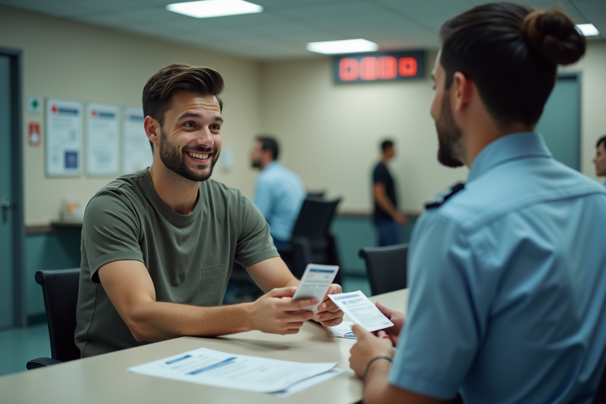 Jeune homme remettant une carte d identité à un agent