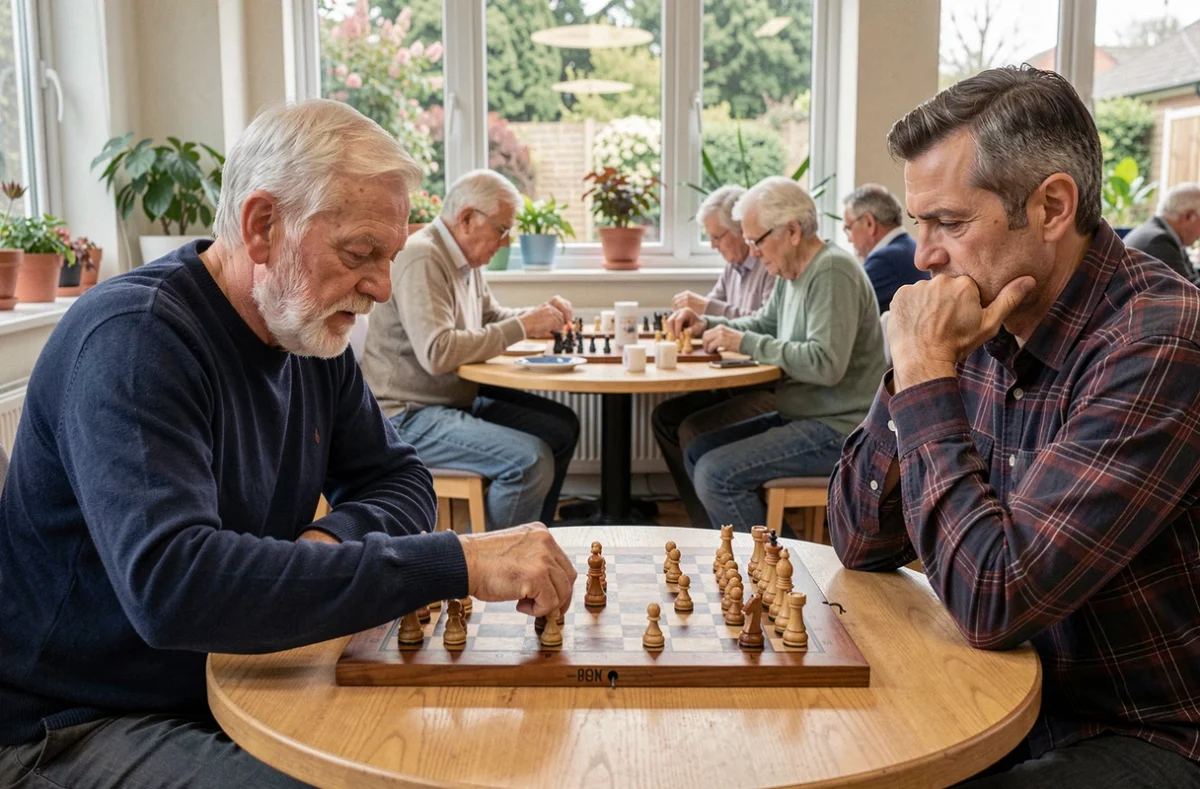 Un senior concentré jouant aux échecs avec un adulte dans une salle d'activités intergénérationnelle, stimulation cognitive par le jeu de société
