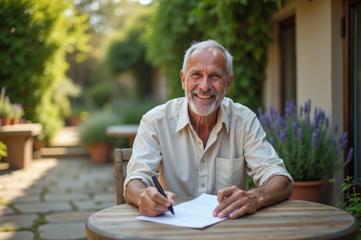 Homme retraité souriant écrivant un texte d'adieu humoristique à la main sur une carte dans un jardin ensoleillé lors de son départ en retraite