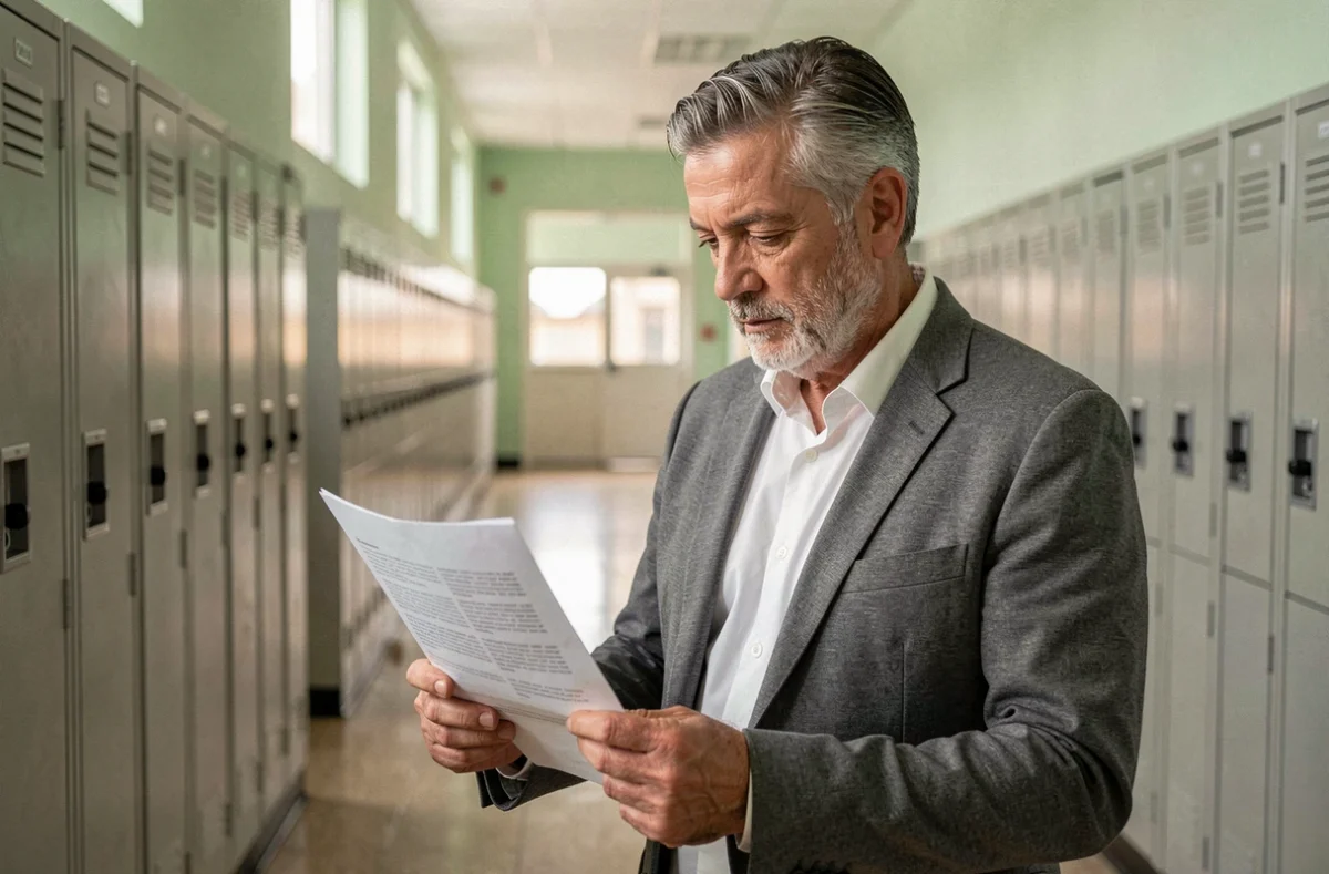 Un enseignant contractuel sexagénaire consulte un document administratif dans un couloir d'établissement scolaire, symbolisant les démarches liées à l'âge de la retraite pour les personnels non-titulaires de l'Éducation nationale.