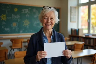 Enseignante à la retraite tenant une carte de remerciement dans une salle de classe décorée d'automne