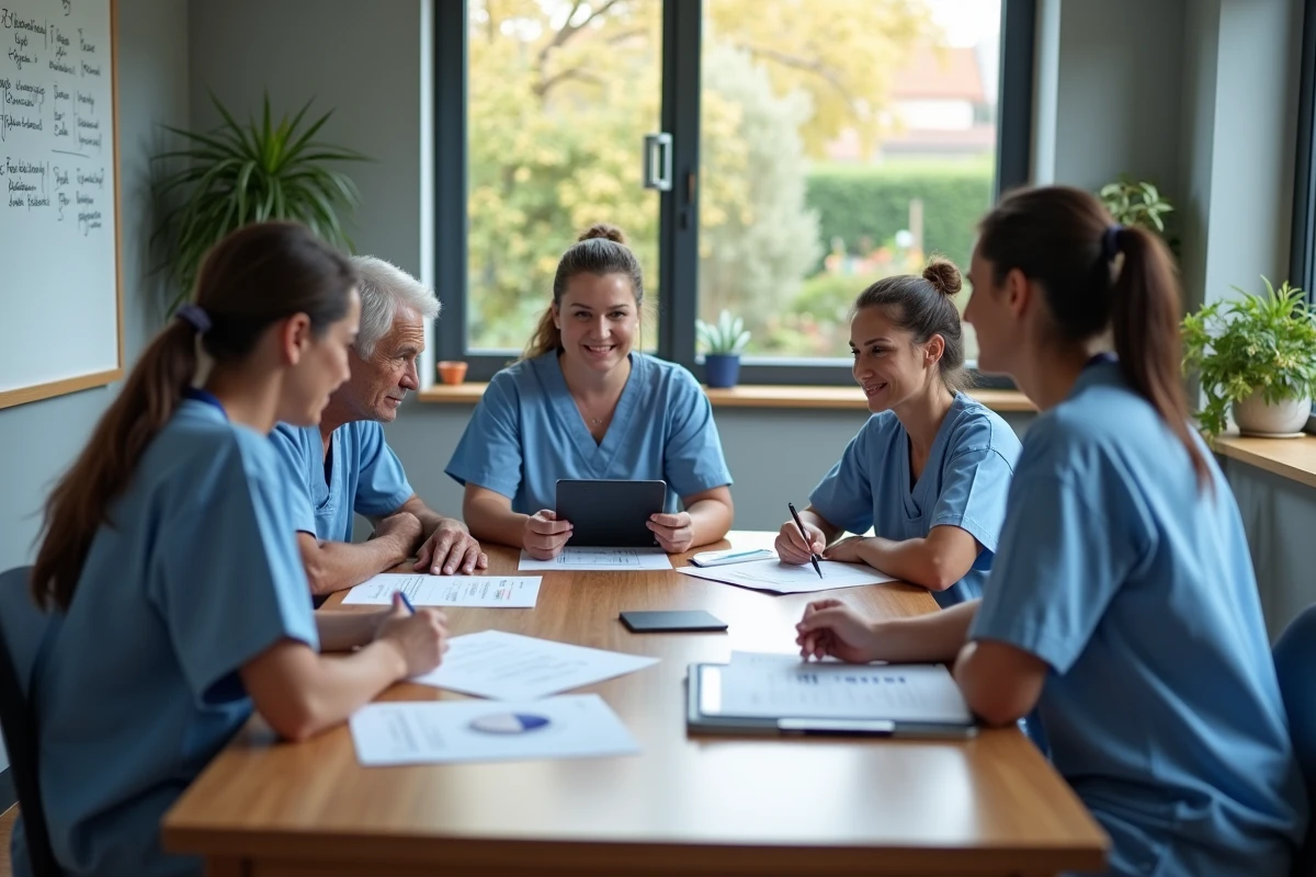 Équipe pluridisciplinaire de soins en réunion de coordination dans un établissement de prise en charge résidentielle