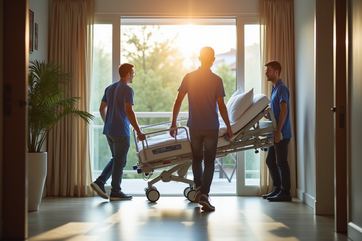 Equipe de livraison transportant un lit médical avancé à la maison